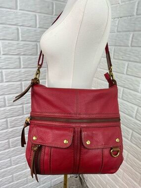 FOSSIL Morgan Traveler Messenger Crossbody Red Pebbled Leather Bag
